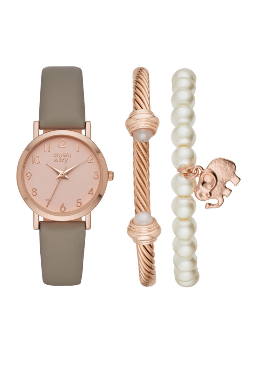 Tan And Rose Gold-Tone Elephant Charm Set