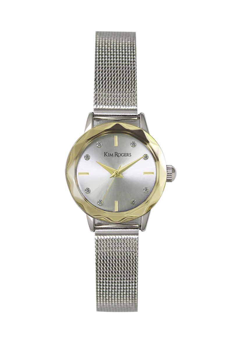 Silver Tone Gold Faceted Bezel Mini Mesh Watch