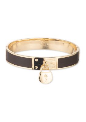 Lauren Ralph Lauren Gold Tone Brown Leather Padlock Bangle Bracelet