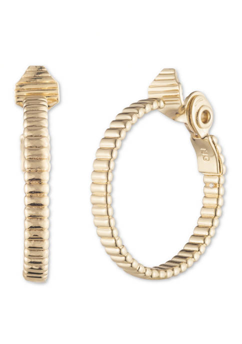 Gold Tone 30 Millimeter Ribbed Hoop Clip Earrings 