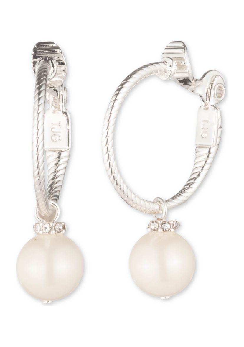 Silver Tone Pearl and Crystal Hoop Drop Earrings