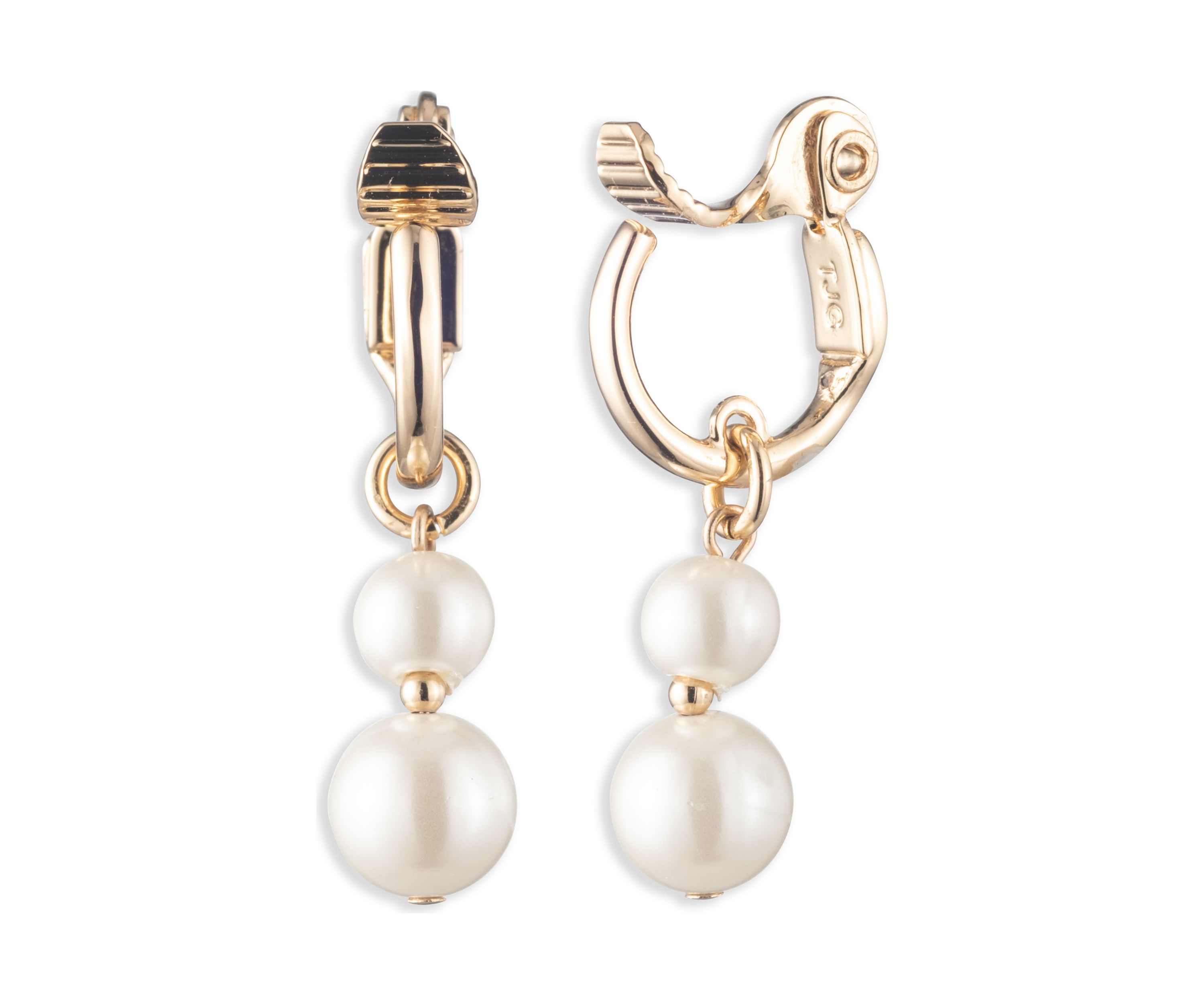 Gold Tone  Pearl Double Drop Clip Earrings