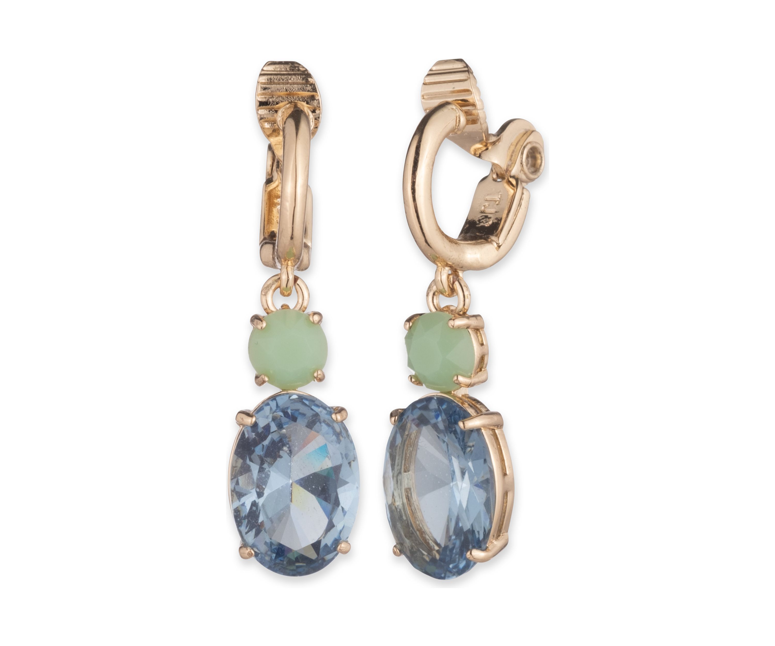 Gold Tone Oval Stone Double Drop Clip Earrings