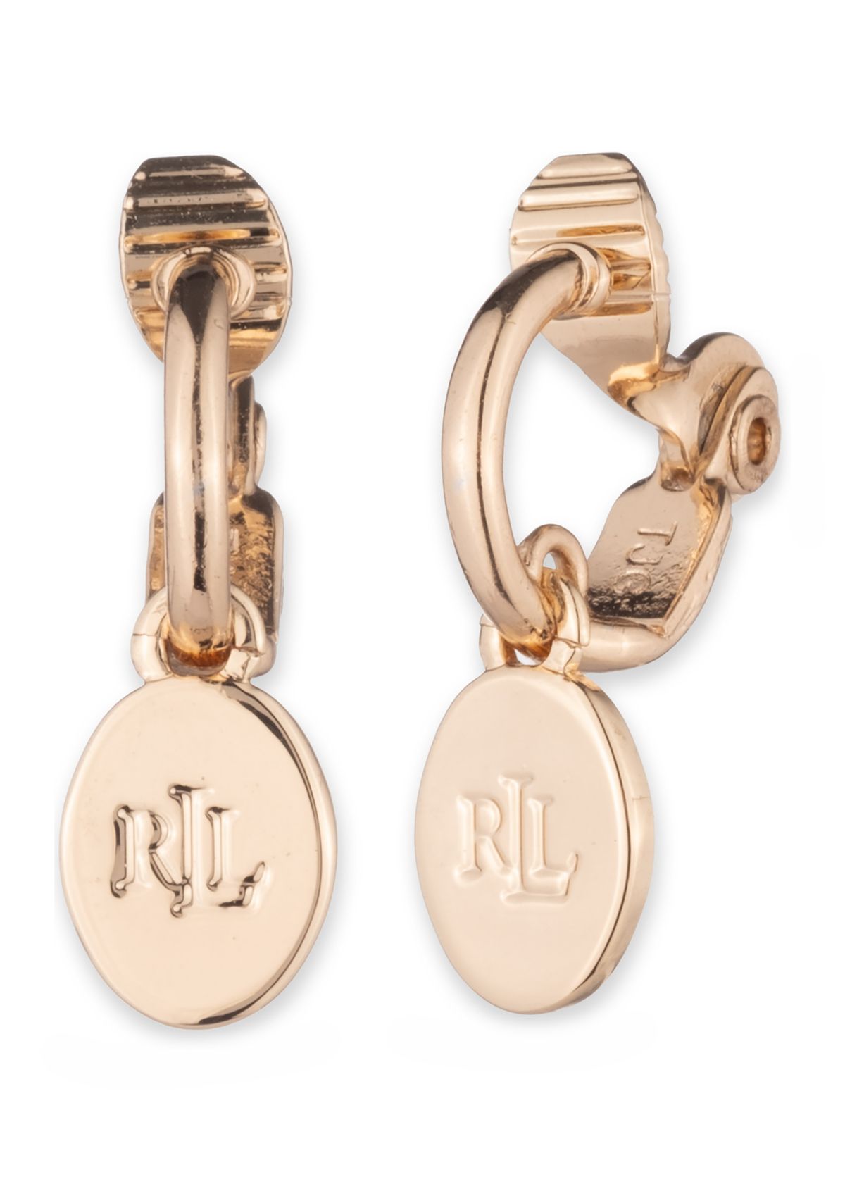 Gold Tone 14 Millimeter Huggie Logo Drop Clip Earrings