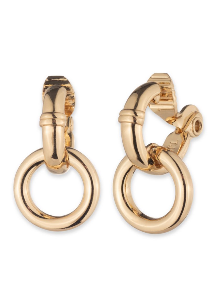Gold Tone 14mm Hoop with Circle Drop Clip Earrings