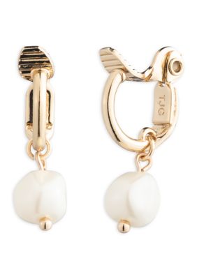Lauren Ralph Lauren Pearl Gold Tone Drop Hoop Comfort Clip Earrings