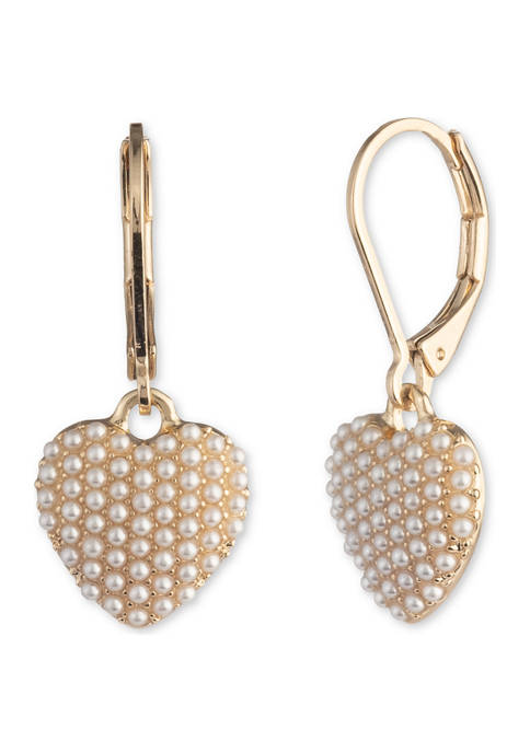 Gold Tone White Pearl Heart Drop Earrings
