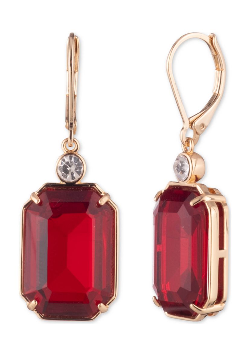 Gold Tone Red Stone Drop Earrings