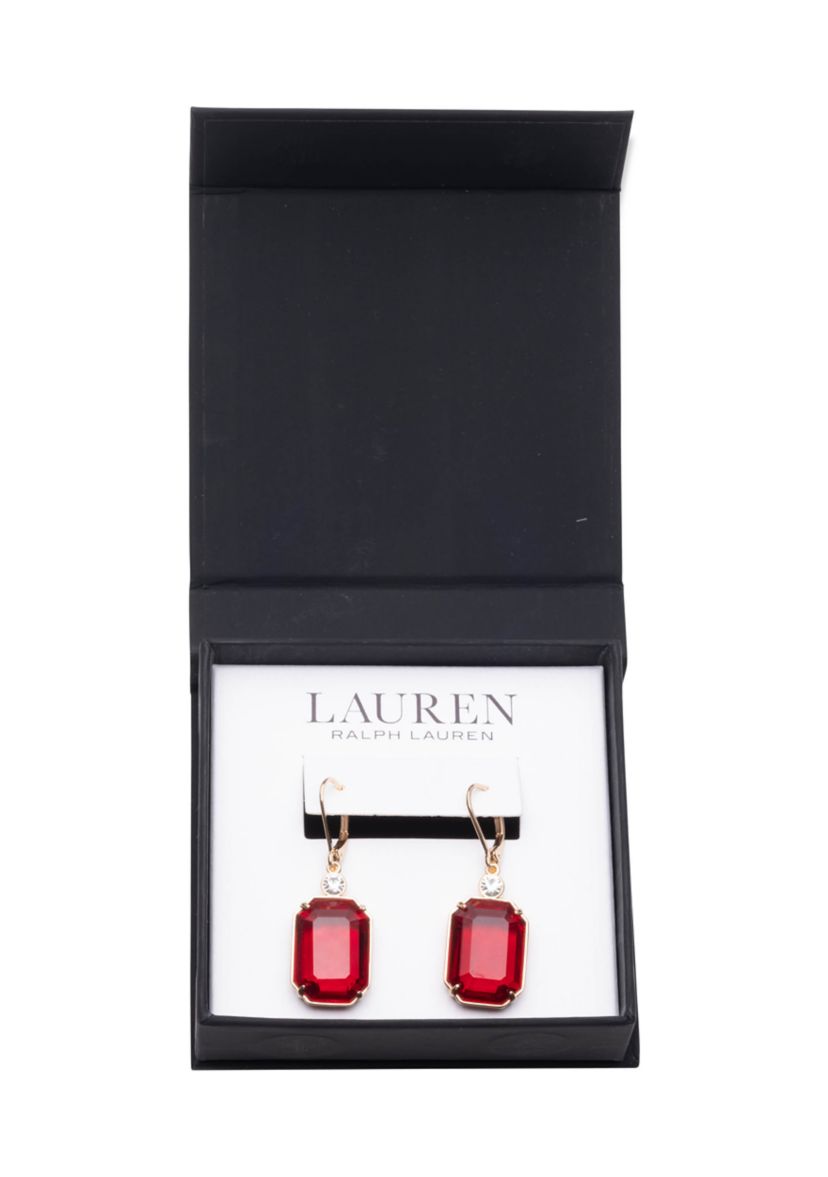 Gold Tone Red Stone Drop Earrings