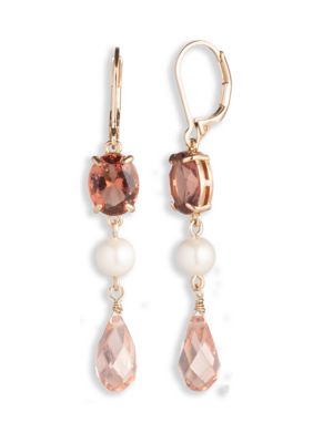 Gold Tone  Pink Pearl Bead Linear Earrings