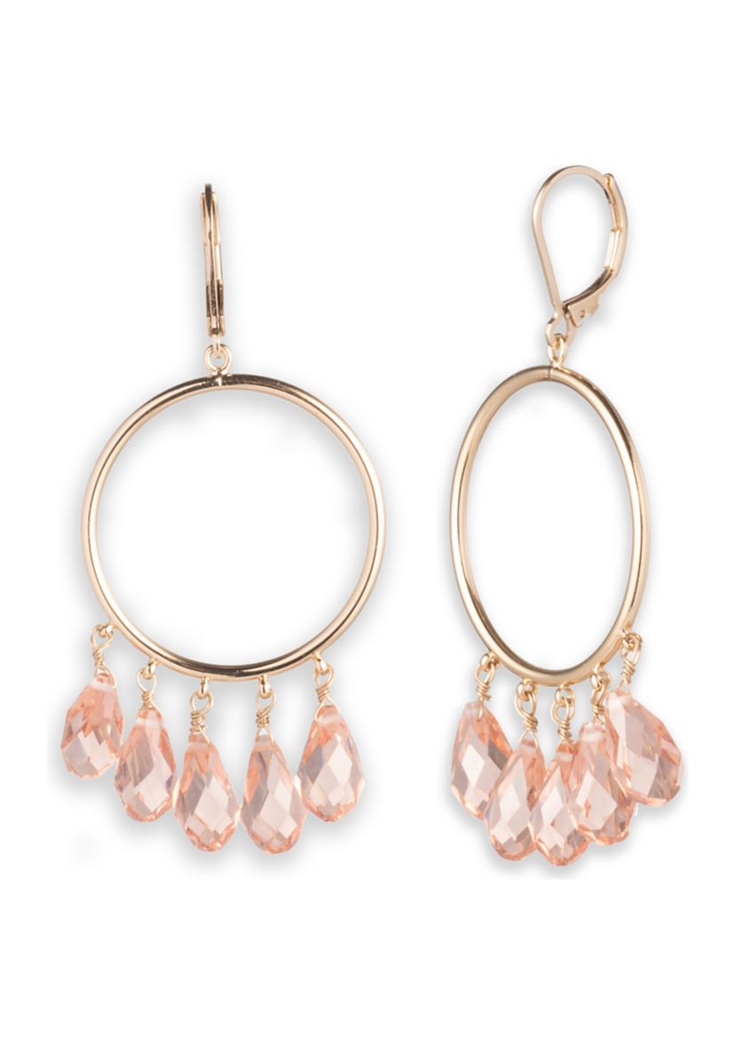 Gold Tone 30 Millimeter Pink Beaded Hoop Earrings