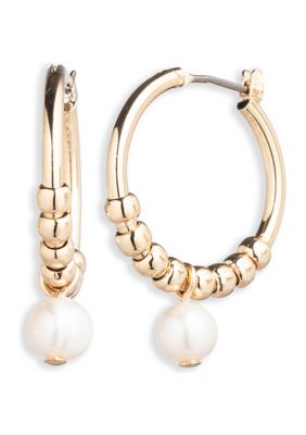 Gold Tone 20 Millimeter Hoop White Pearl Drop Earrings