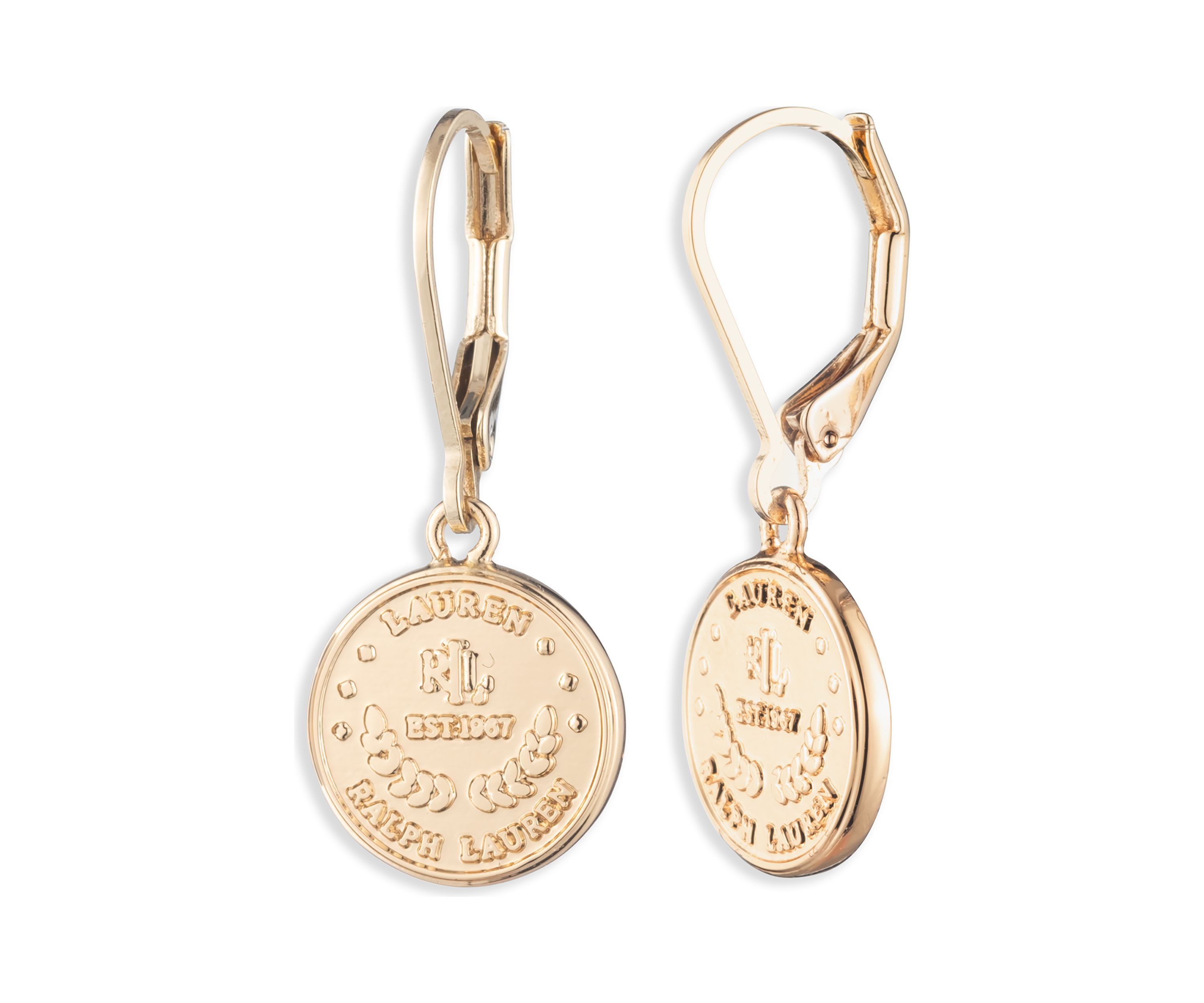 Gold Tone Coin Logo Drop Earrings