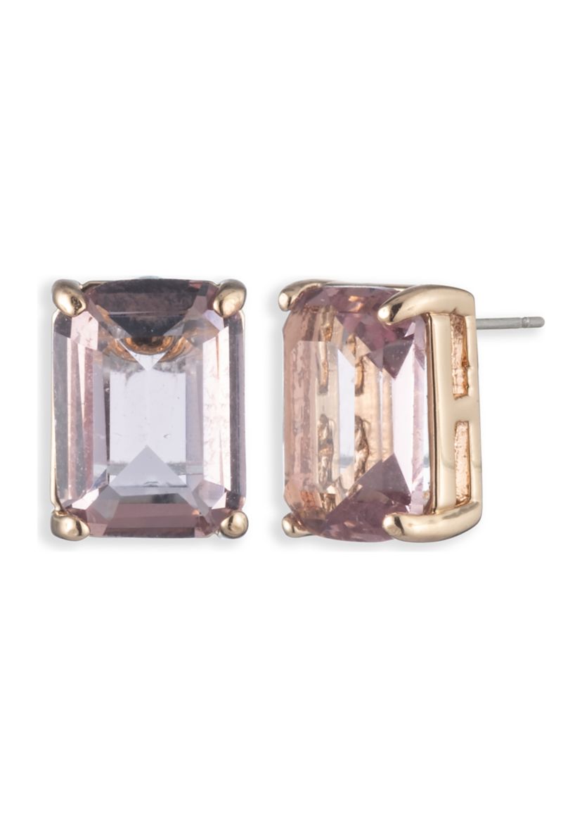 Gold Tone Pink Stone Stud Earrings