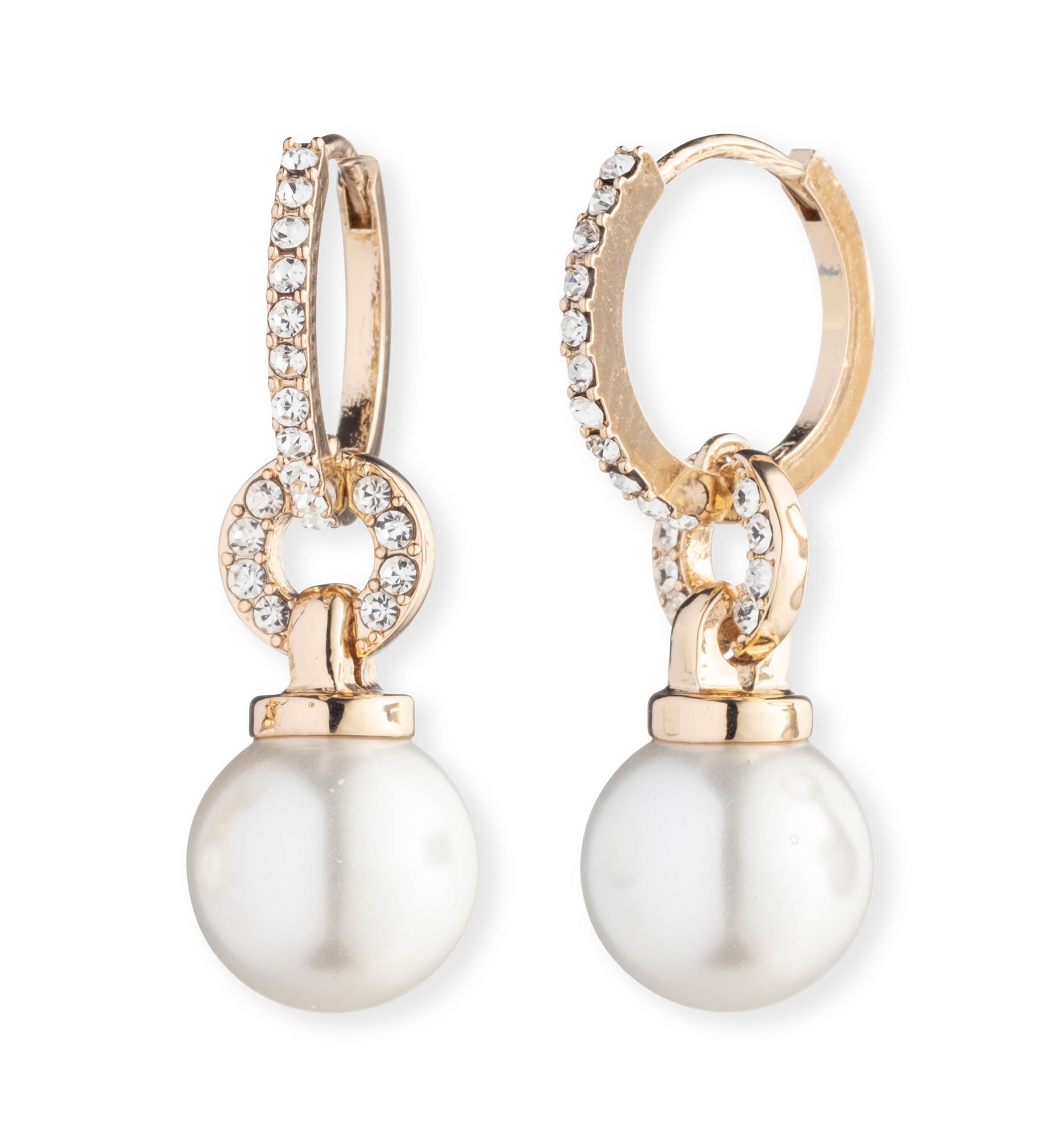 Gold Tone White Pearl Huggie Hoop Earrings