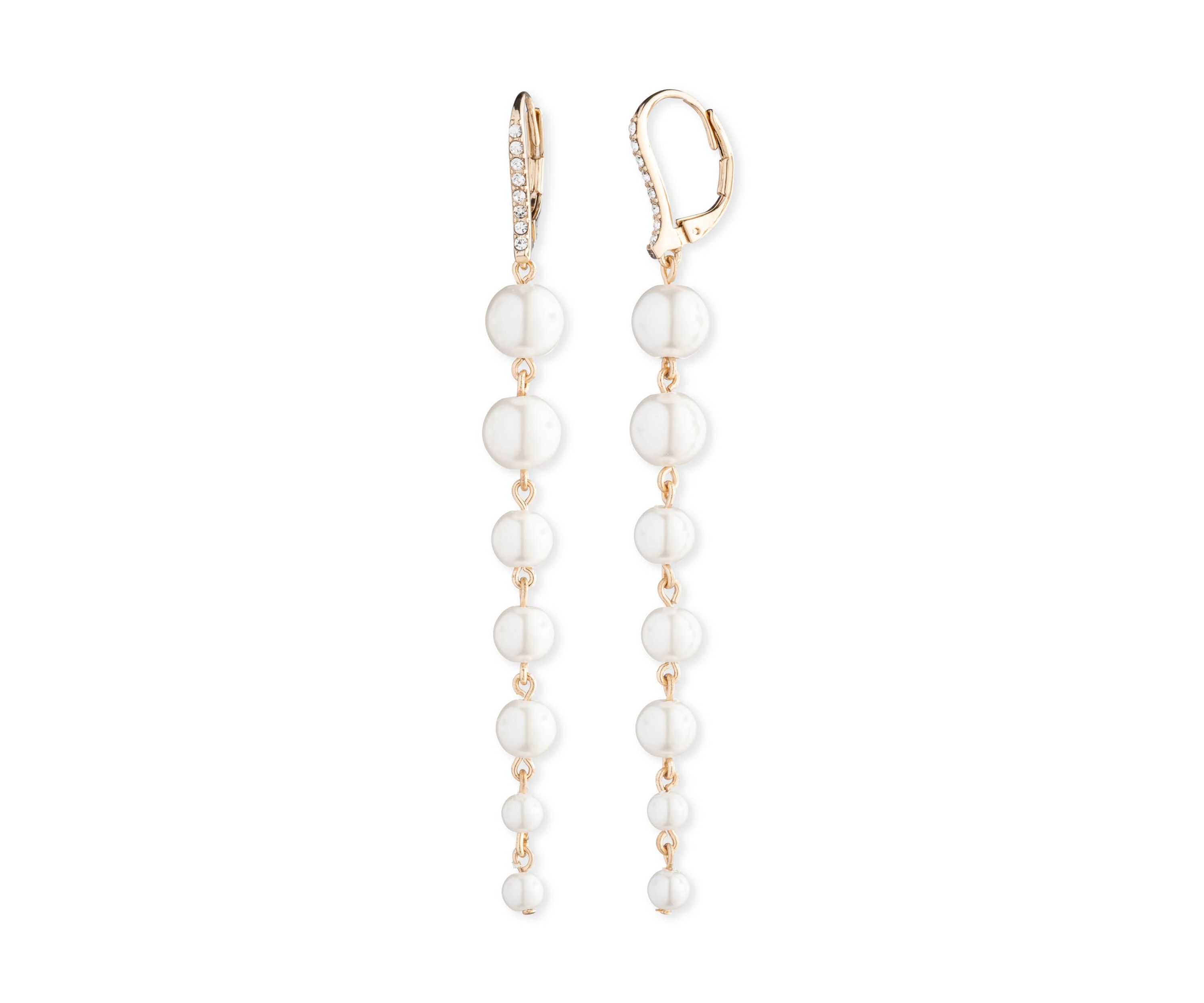 Gold Tone White Pearl Linear Earrings