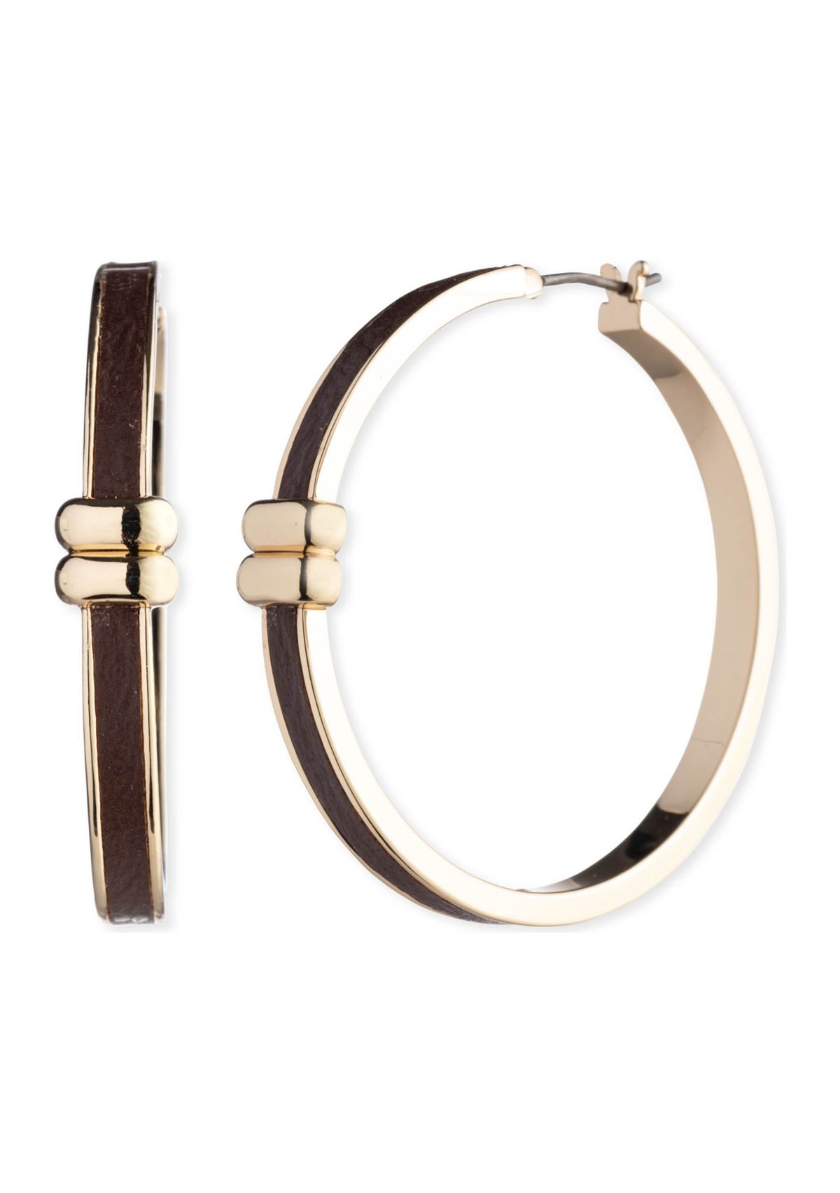 Gold Tone Brown 40 Millimeter Leather Hoop Earrings