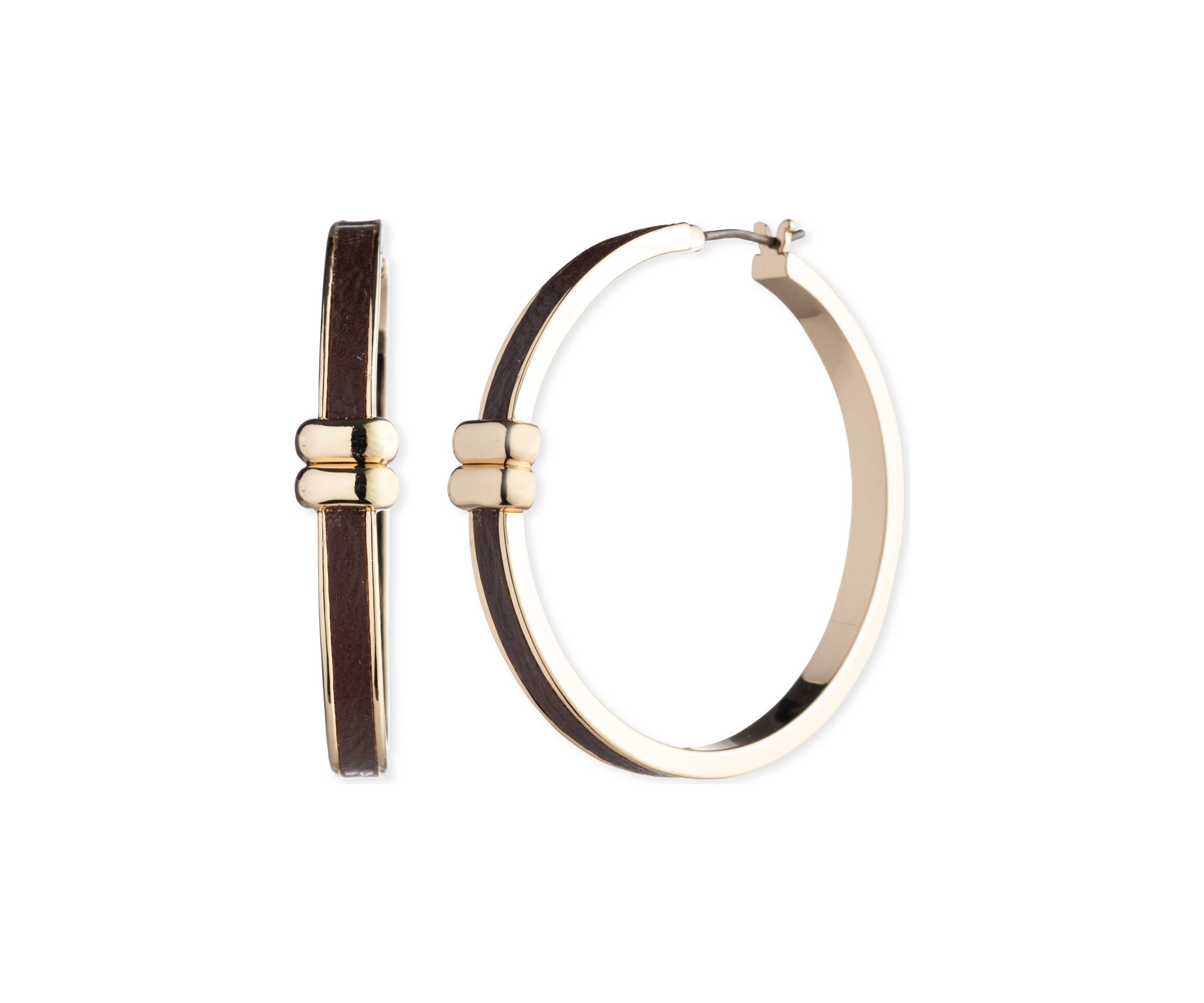 Gold Tone Brown 40 Millimeter Leather Hoop Earrings