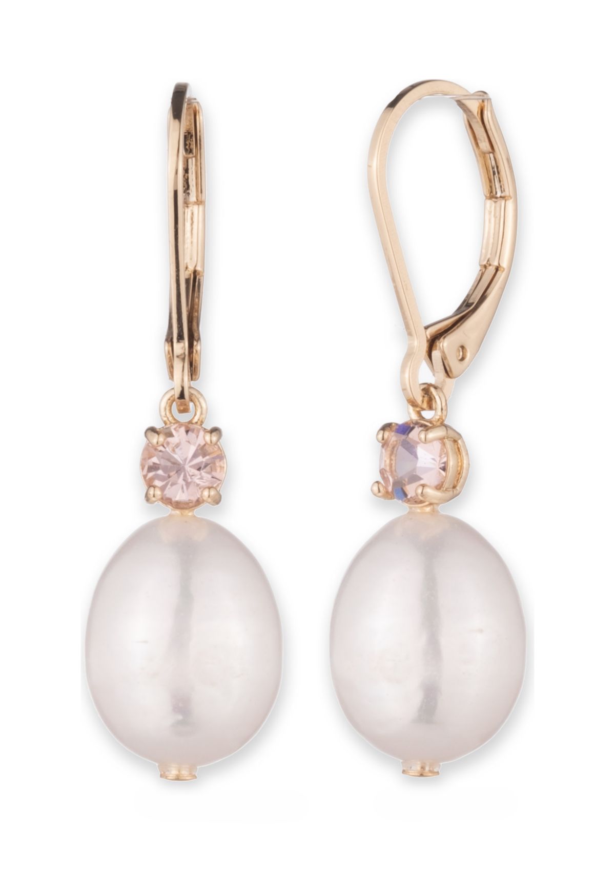 Gold Tone White Pearl Drop Earrings