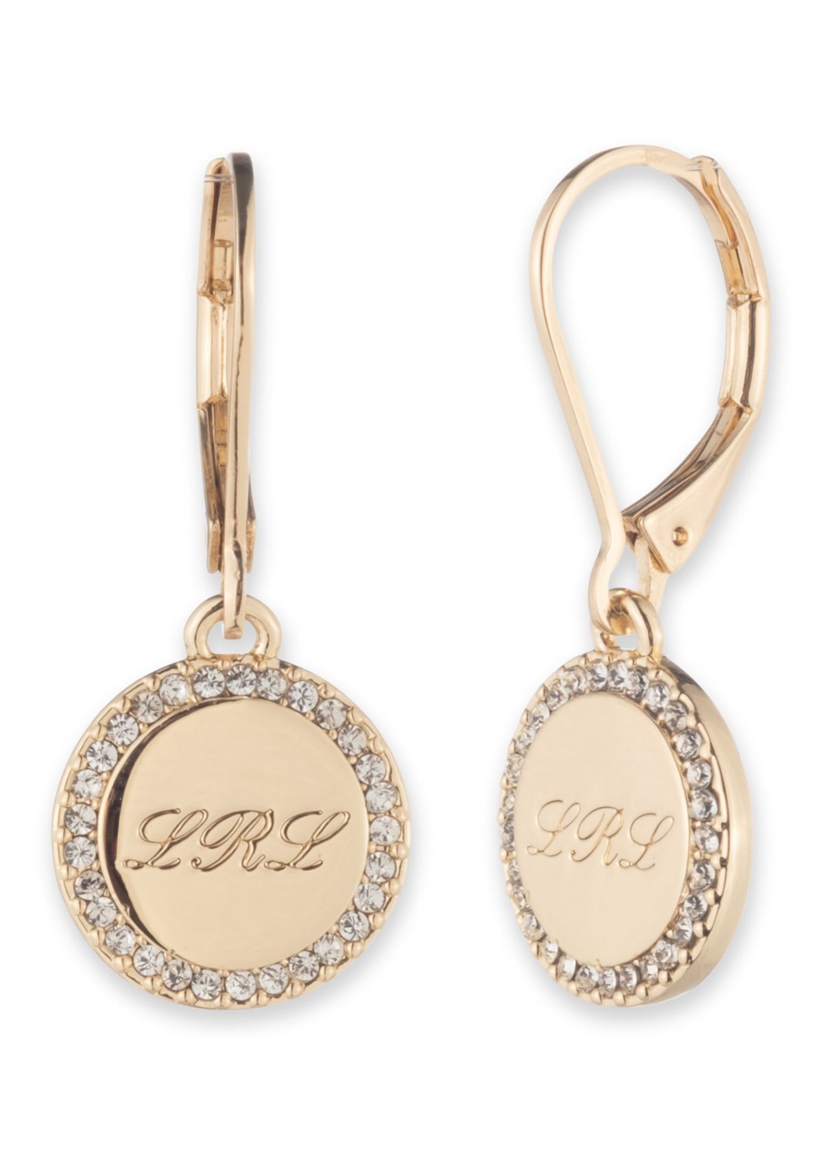 Gold Tone Script Logo Drop Earrings