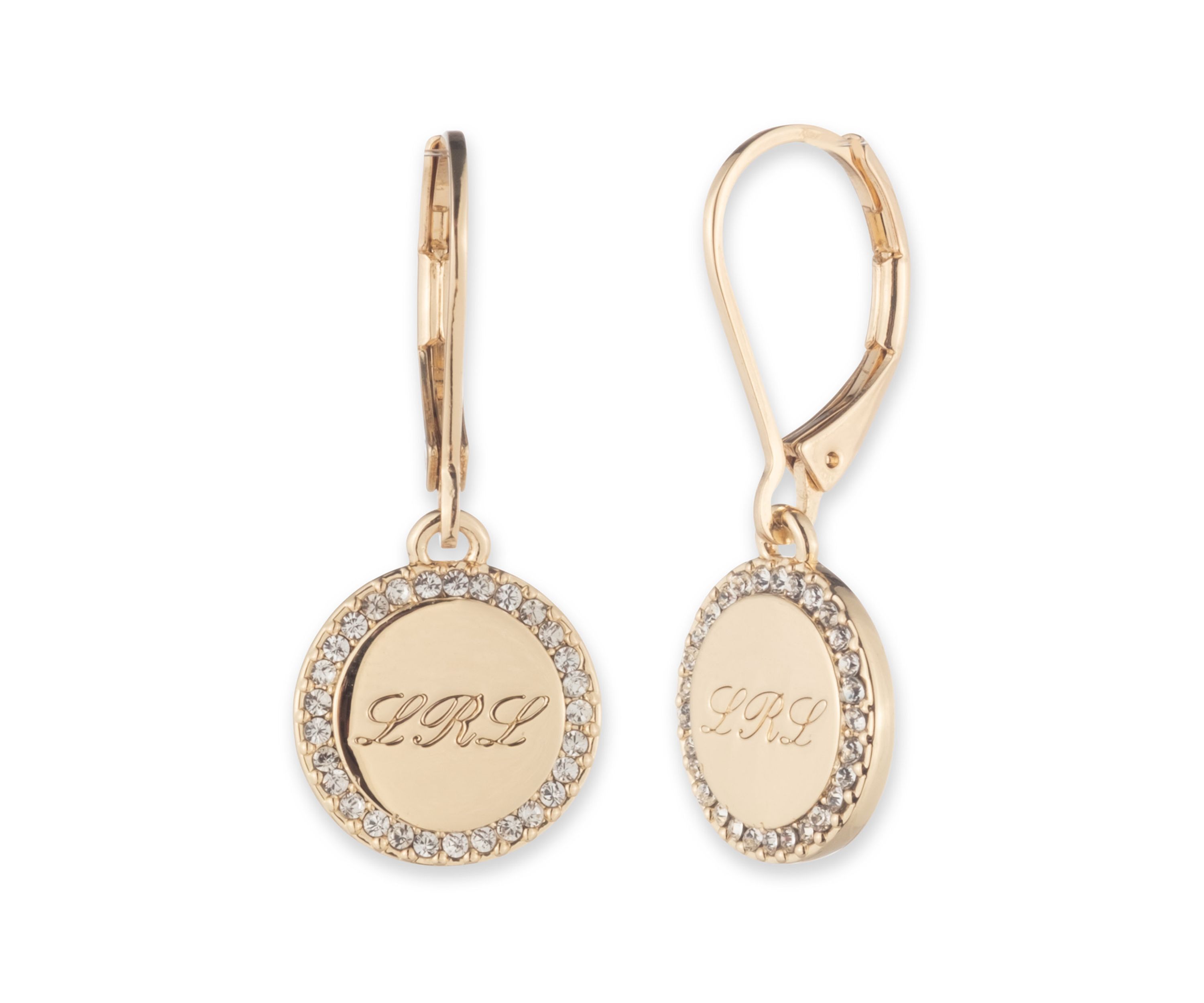 Gold Tone Script Logo Drop Earrings