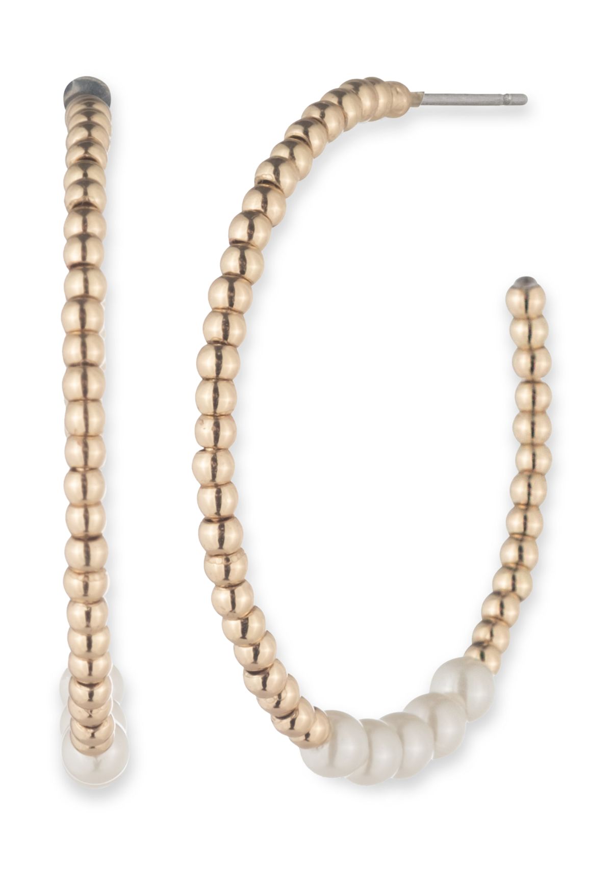 Gold Tone White 30mm Pearl C Hoop Earrings