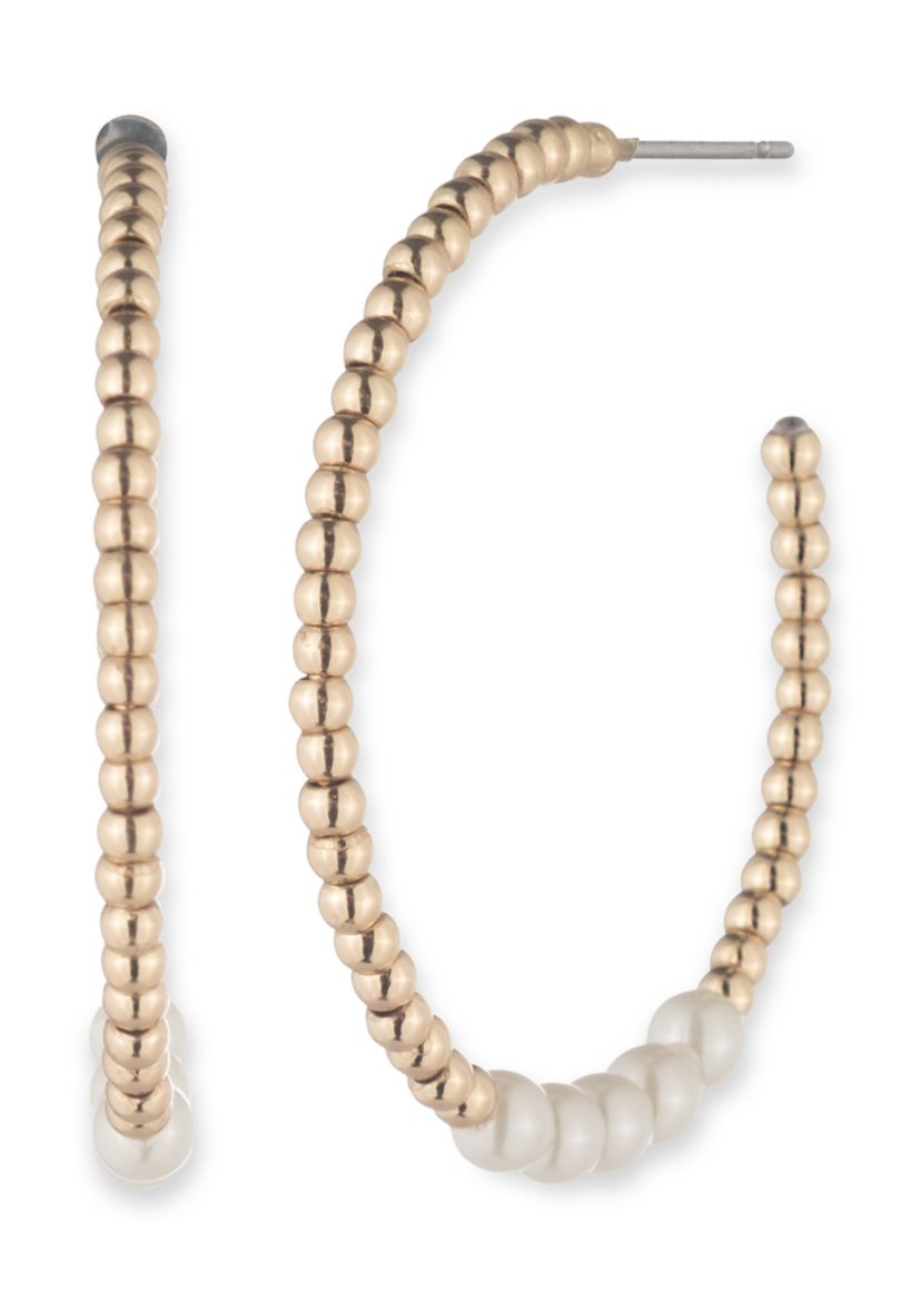 Gold Tone White 30mm Pearl C Hoop Earrings