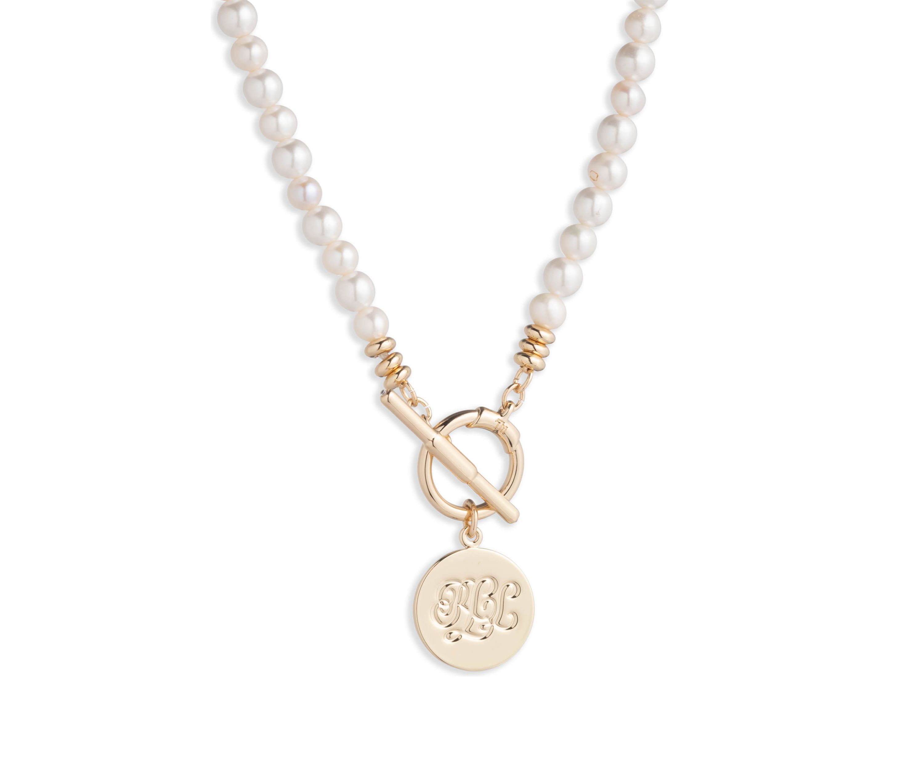 Gold Tone 17 White Fresh Water Pearl Logo Collar Necklace