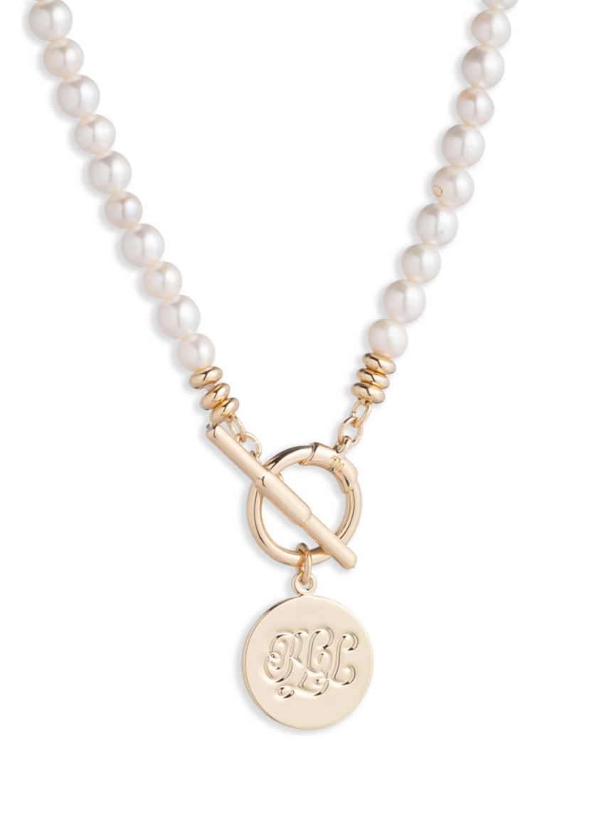 Gold Tone 17 White Fresh Water Pearl Logo Collar Necklace