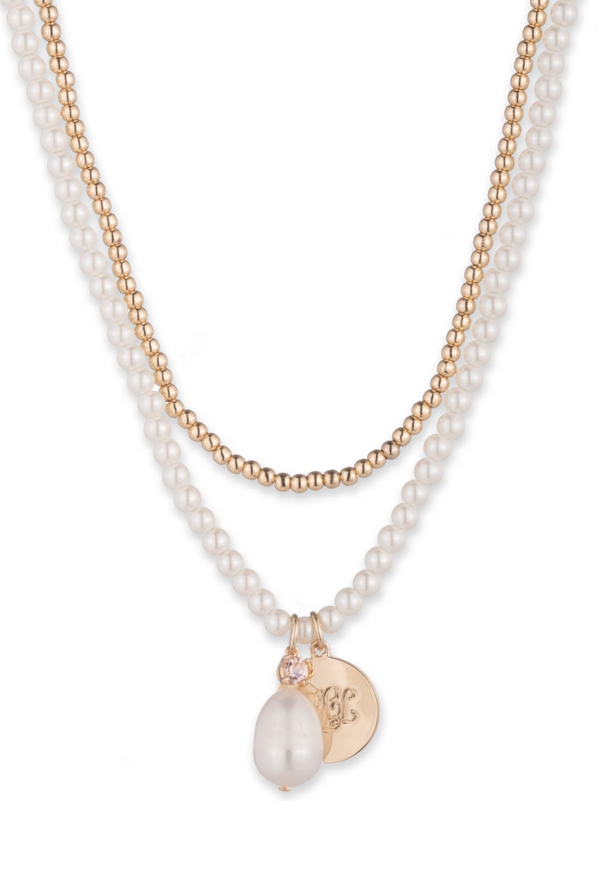 Gold Tone Double Row Pearl Pendant Necklace