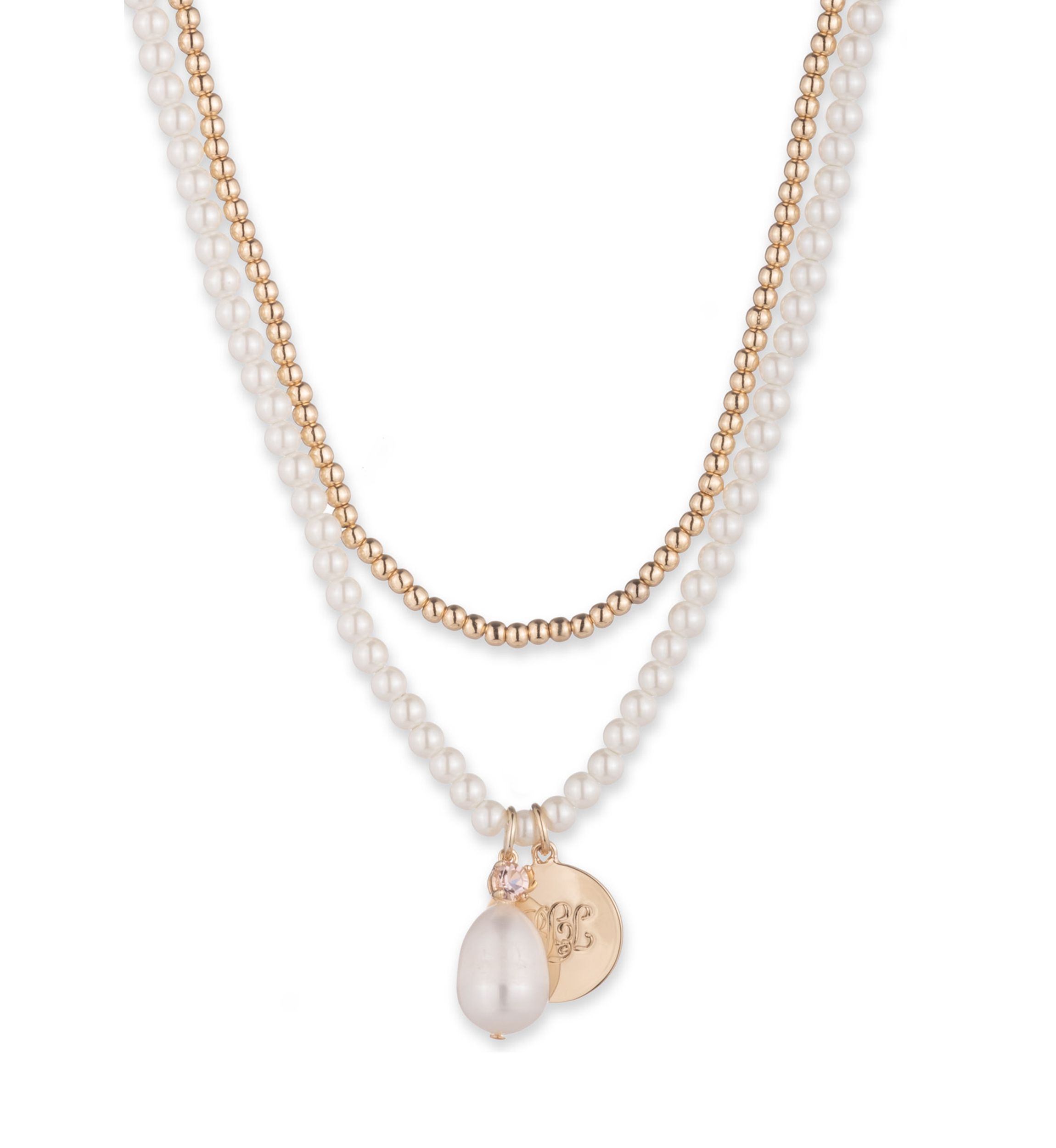 Gold Tone Double Row Pearl Pendant Necklace