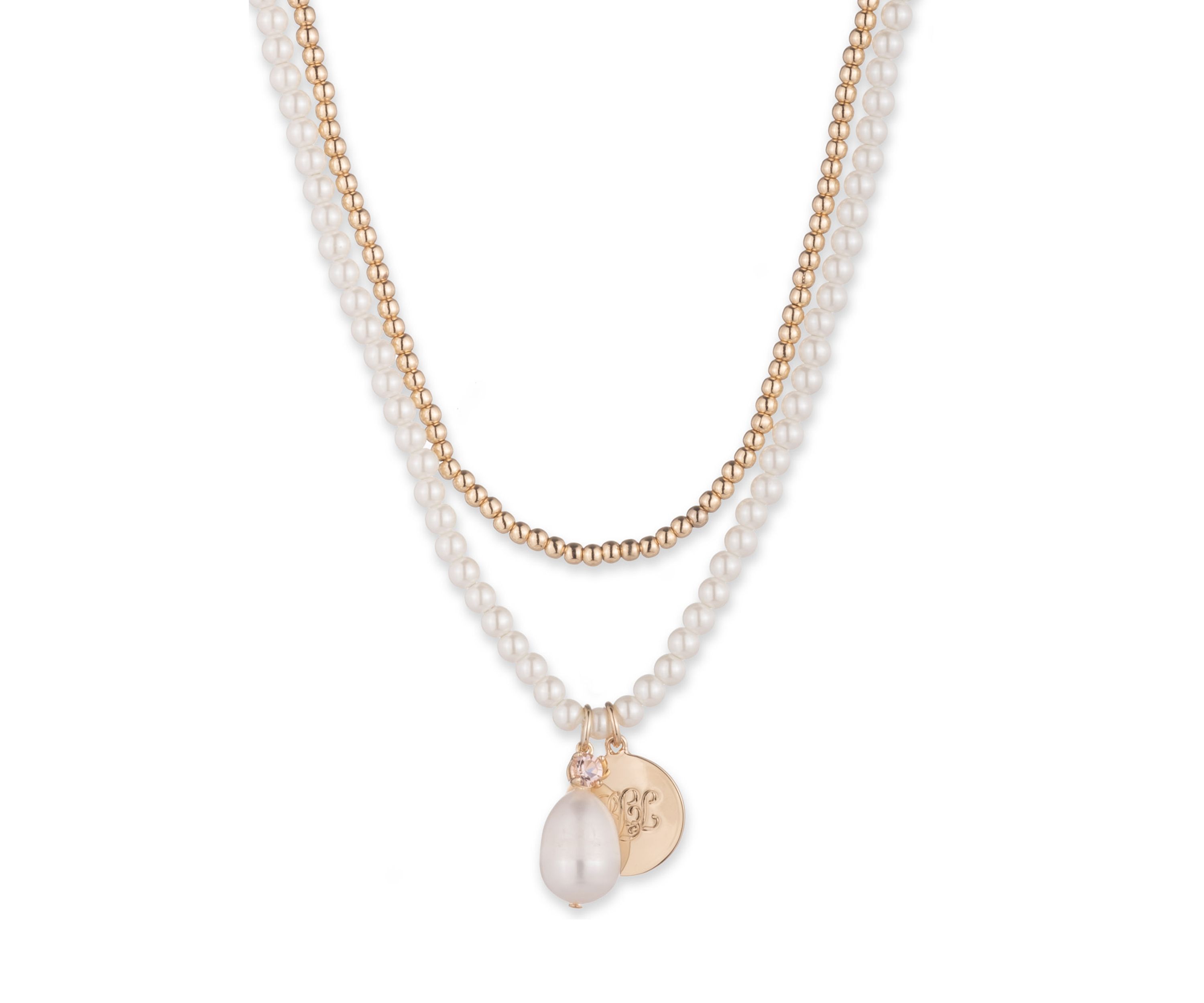 Gold Tone Double Row Pearl Pendant Necklace