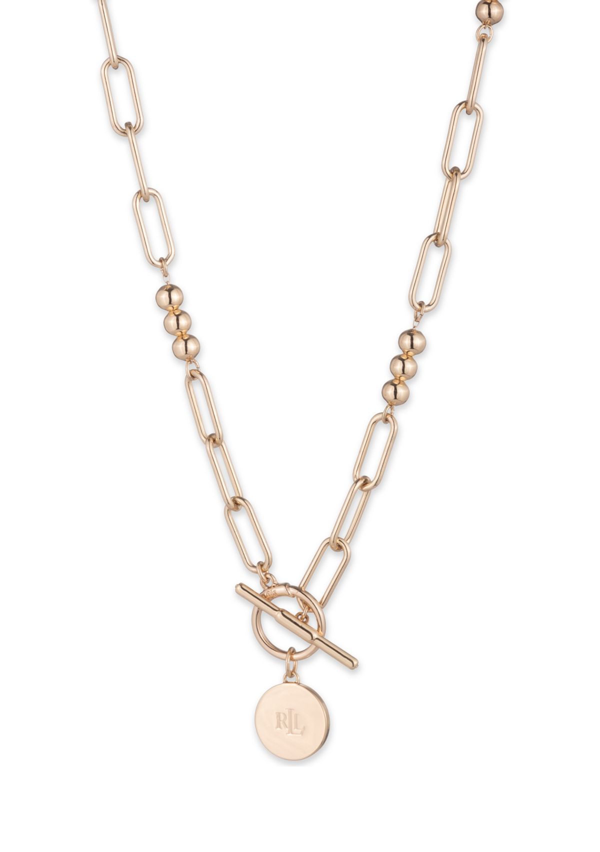Gold Tone Bead Link Pendant Necklace