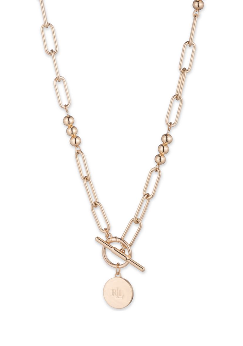 Gold Tone Bead Link Pendant Necklace