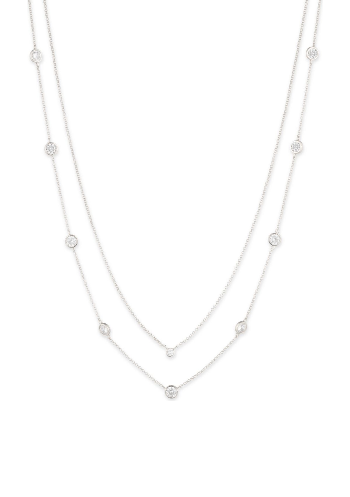 Silver Tone Crystal White 2 Row Station Necklace