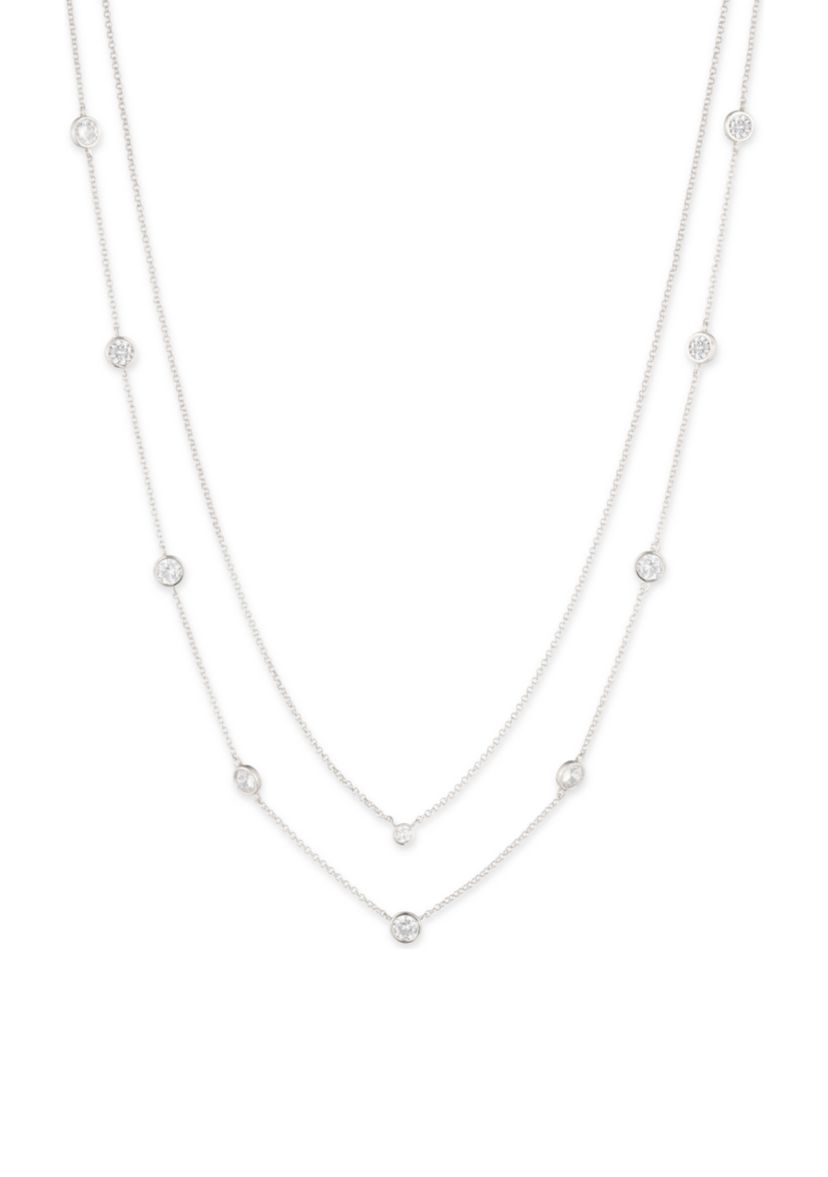 Silver Tone Crystal White 2 Row Station Necklace