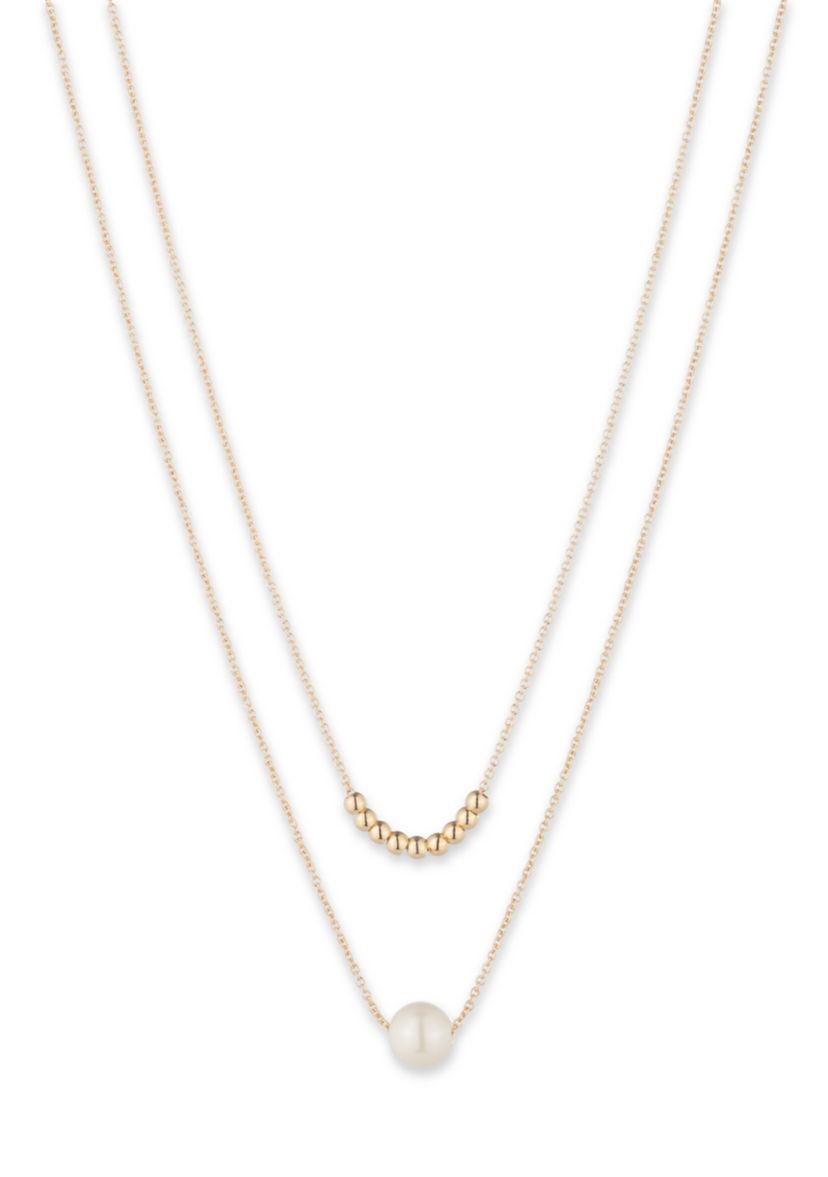 Gold Tone White 2 Row Pearl Necklace