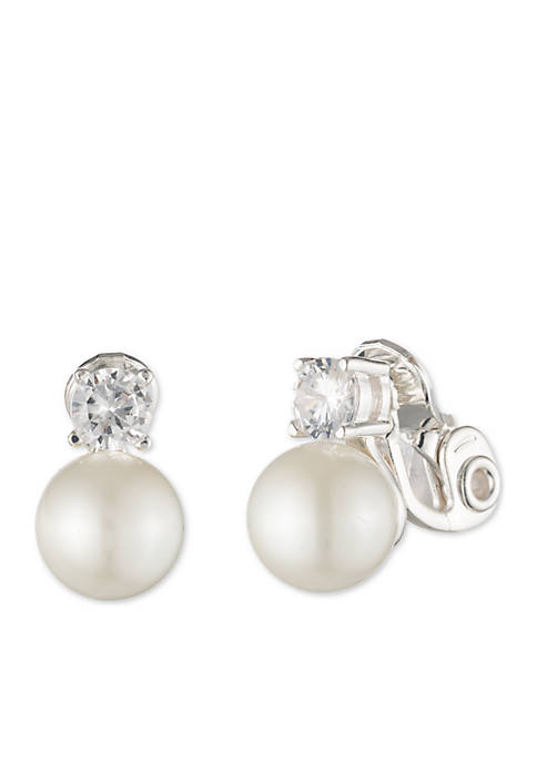 Button Clip Pearl Earring with Cubic Zirconia