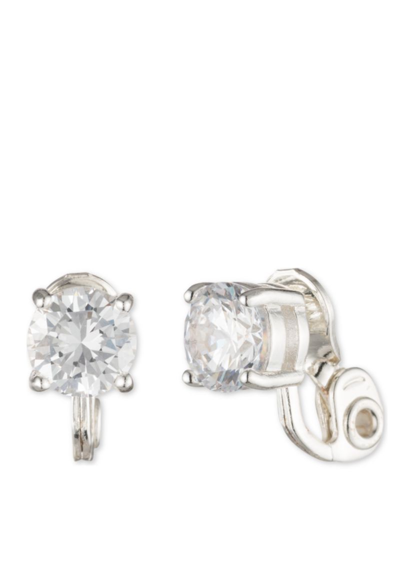 Silver-Tone Cubic Zirconia Button Earrings