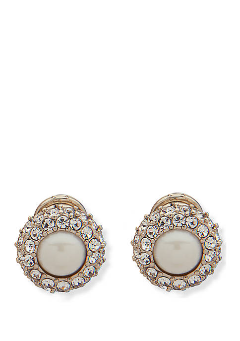 Gold-Tone Pearl and Crystal Button Clip Earrings