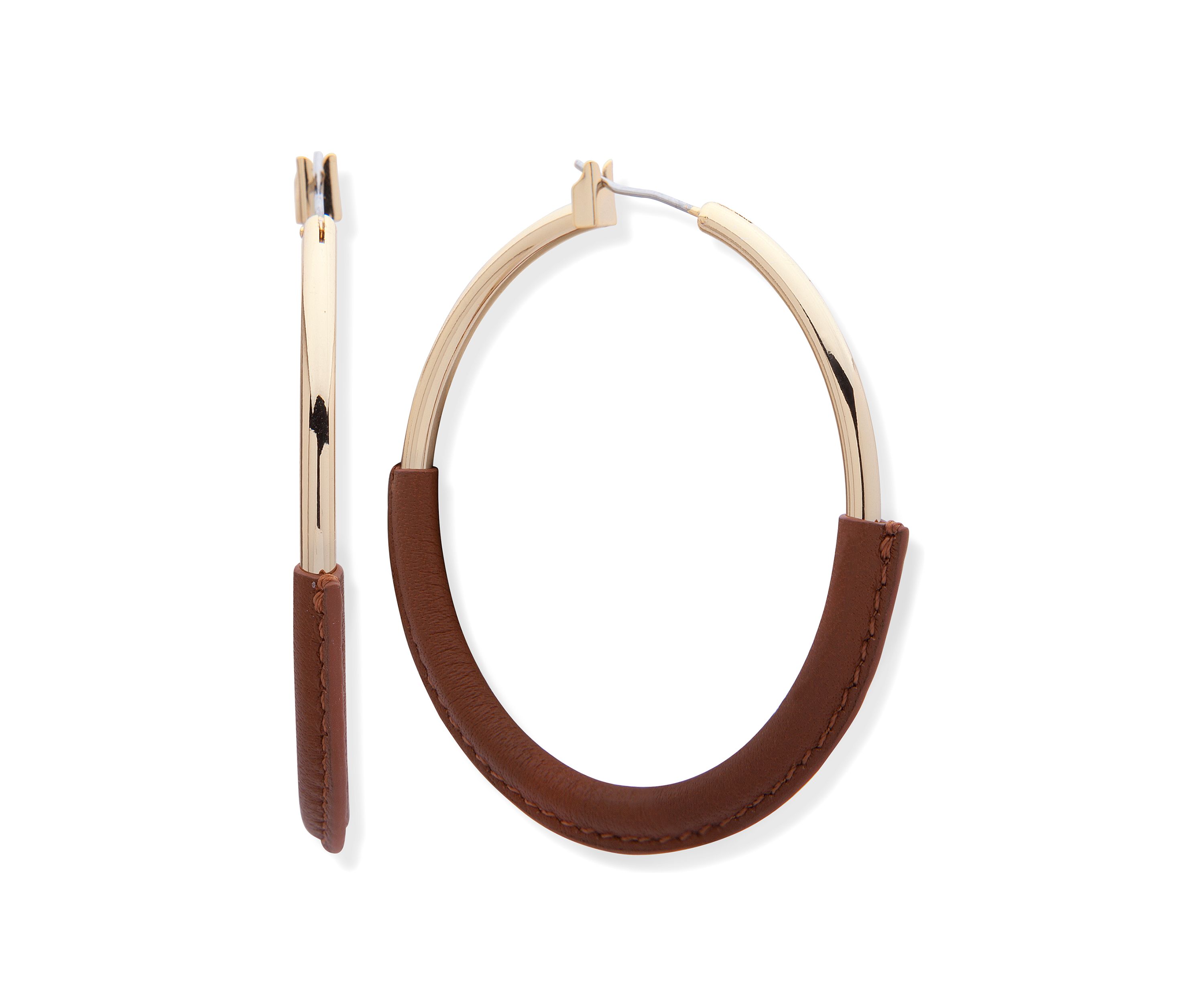 Gold Tone and Cognac Leather Wrapped Click Top Hoop Earrings
