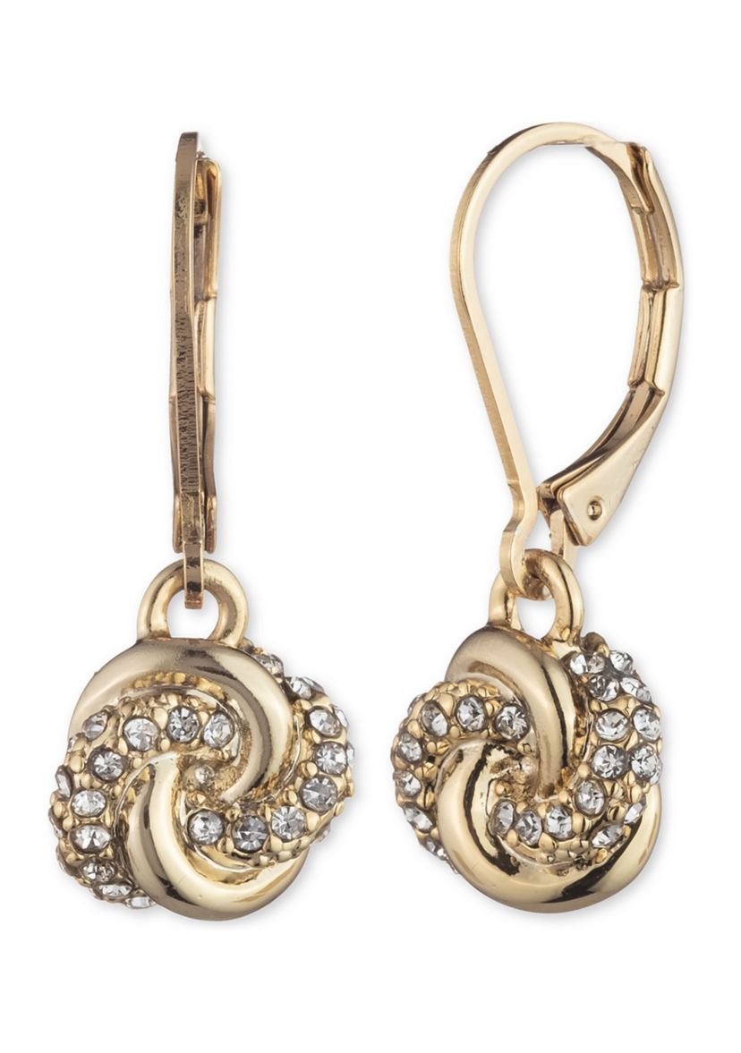 Gold Tone Pavé Crystal Knot Drop Earrings 