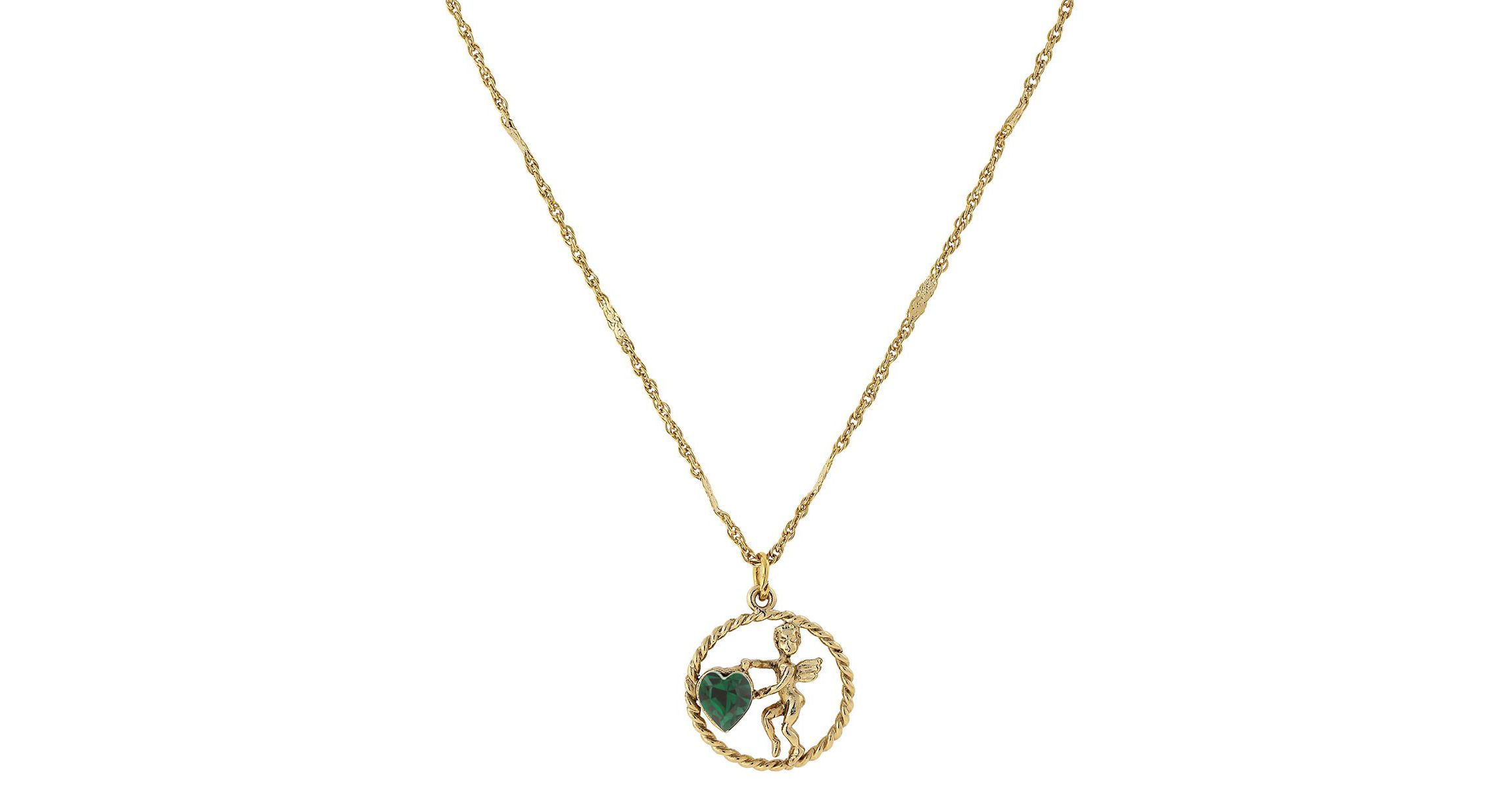 Gold-Tone Suspended Cherub Angel and AB Crystal Heart Necklace 16"Adj.