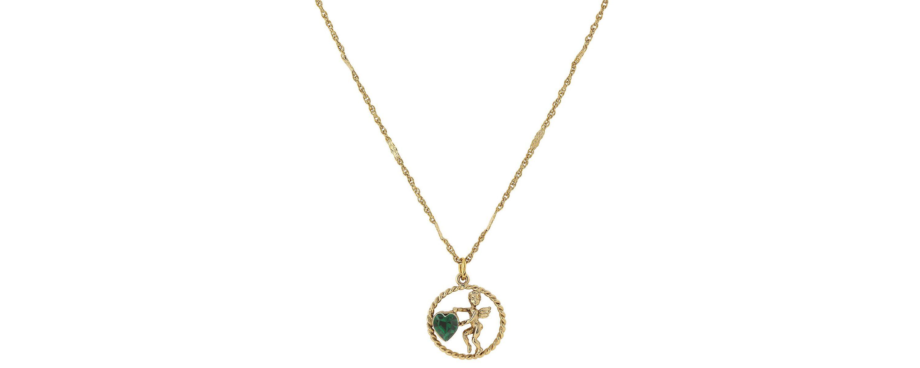 Gold-Tone Suspended Cherub Angel and AB Crystal Heart Necklace 16"Adj.
