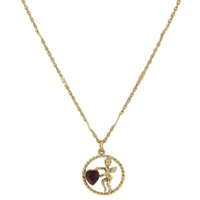 1928 Jewelry Gold-Tone Suspended Cherub Angel and AB Crystal Heart Necklace 16"Adj, Red