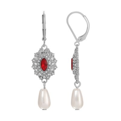 1928 Jewelry Silver Tone Colored Stone Pearl Earrings, Red