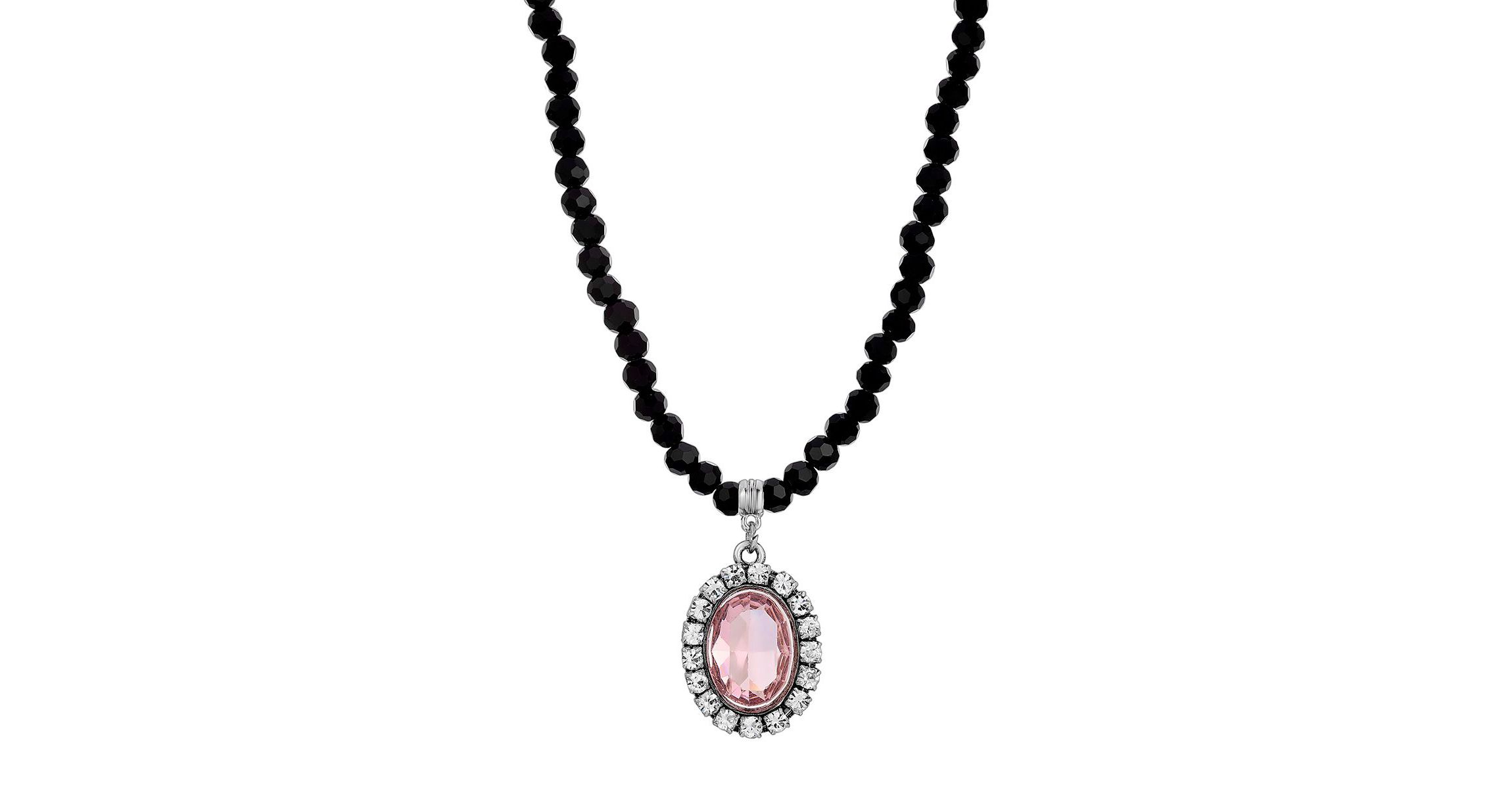 Silver Tone Crystal Rimmed Purple Oval Black Beaded Necklace 15 In Adj