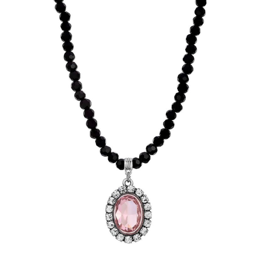 Silver Tone Crystal Rimmed Purple Oval Black Beaded Necklace 15 In Adj