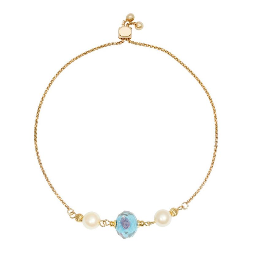 Gold Tone Clear Crystal Olivine Flower And Faux Pearl Bracelet