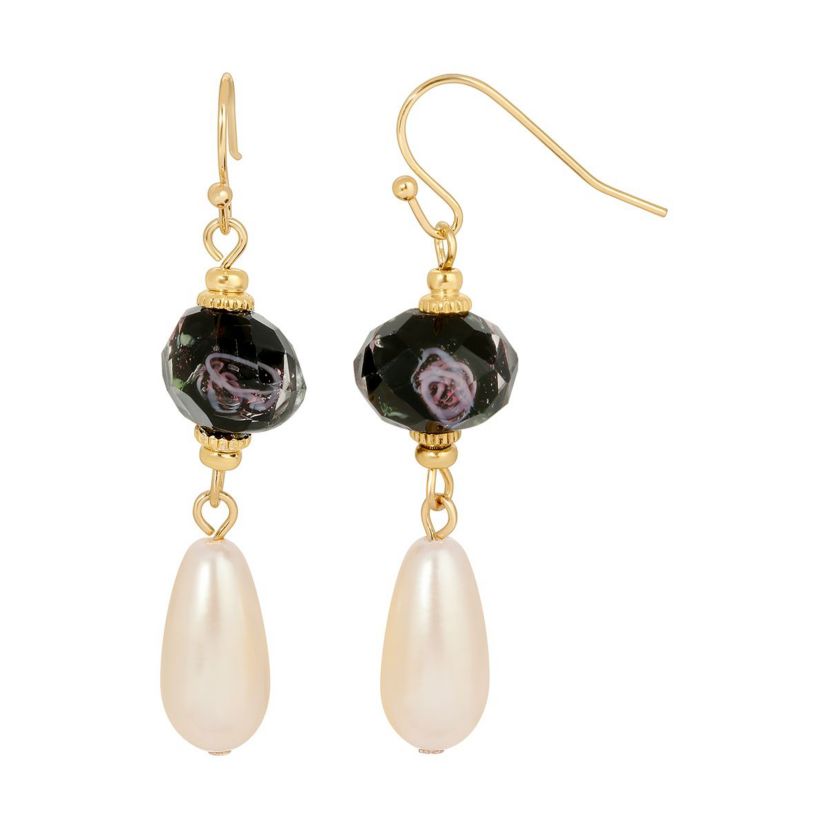 Gold Tone Clear Crystal Blue Rose And Faux Pearl Drop Earrings